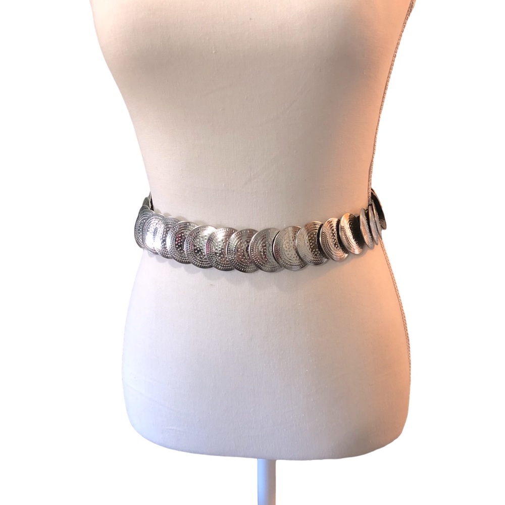 Vintage 80s Medallion Waist‎ Belt Embossed Coins Discs Stretch Elastic Metal